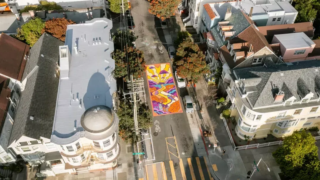 Image of colorful, groovy mural on Page Street in San Francisco